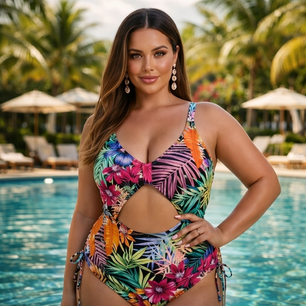 Tropical Cutout One-Piece Swimsuit 1XL – Flirty, Colorful Sexy Confident